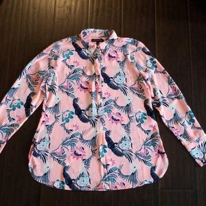 Banana Republic Half Button Floral & Bird Blouse Pink & Navy Medium